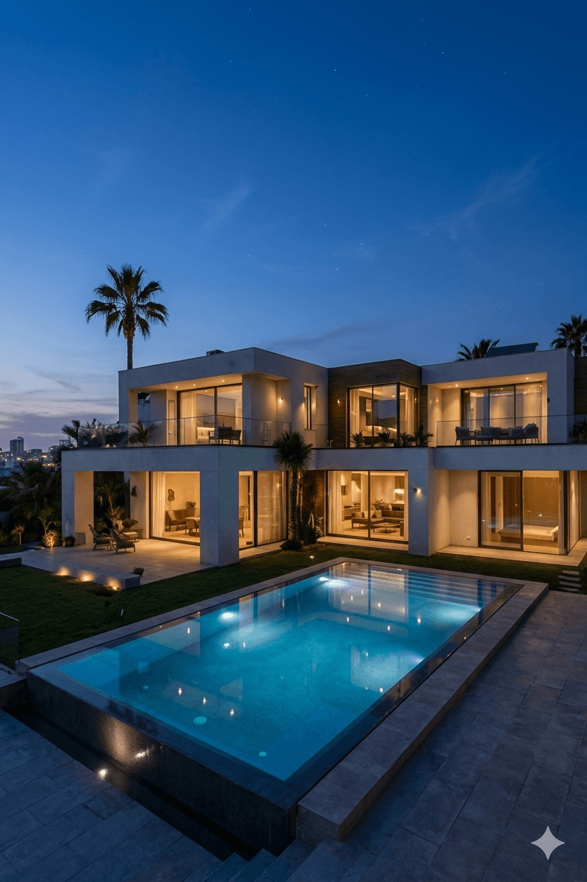 Villa contemporaine avec piscine au crépuscule — illustration ambiance résidentielle premium